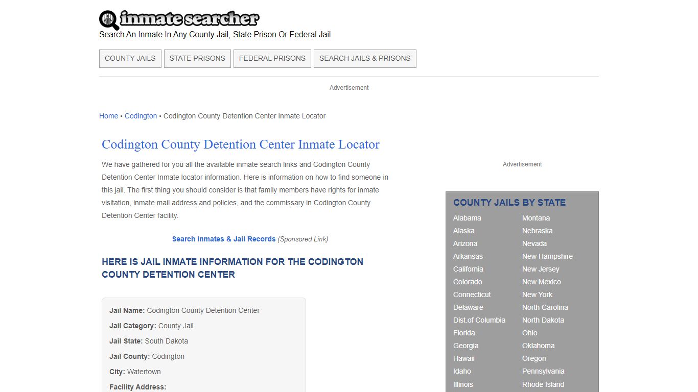 Codington County Detention Center Inmate Locator - Inmate Searcher